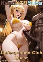 ai_generated areola areola_slip arms_up audience big_breasts big_penis blonde_hair blue_eyes blush bra braid breasts caption clothing cuckold cuckolding curvy curvy_female curvy_figure dark-skinned_male darkness_(konosuba) erect_nipples erection female hair_ornament helpless huge_breasts huge_cock imminent_sex in_front_of_cuckold indoors interracial large_breasts large_penis long_hair looking_at_penis male/female micro_bikini muscular_male netorare netorase ntr penis pubic_hair rope shocked standing thighs thong tied_hands voluptuous voluptuous_female yellow_bikini yellow_bra yoyo88