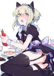 1boy androgynous black_legwear black_panties blush blushing_at_viewer bulge bulge_through_clothing cat_ears cat_tail catboy crossdressing embarrassed femboy femboy_only lio_fotia maid maid_headdress maid_outfit maid_uniform panties petite petite_body petite_male pov promare slim slim_male slim_waist solo stockings thighhighs twink