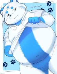 2022 anthro balls belly black_nose blue_body censored clothing genitals hoodie humanoid_hands kemono male mammal navel overweight overweight_male penis small_penis solo topwear trail_arnak white_body young