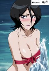 4k absurd_res ai_generated black_hair bleach blush body_ribbon fake_art gift high_res ice kuchiki_rukia layai_(artist) moonlight naked_ribbon nude pale_skin purple_eyes red_ribbon ribbon_wrapping seductive short_hair small_breasts snow stable_diffusion uncensored valentine's_day