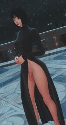 1futa 3d black_hair black_nails cock dick exhibitionism ffxiv final_fantasy_xiv flaccid foreskin futanari high_slit_dress hye_(ffxiv) night no_panties pale_skin public_nudity thighs veiny_penis