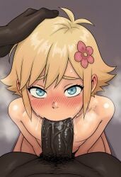 absurd_res absurdres ai-generated ai_assisted ai_generated basil_(omori) blonde_hair blue_eyes blush dark-skinned_male deepthroat fellatio femboy femboysub feminine_male flat_chest flower_in_hair head_grab high_resolution highres interracial kneeling large_penis looking_at_viewer omori petite raleu10 saliva_on_penis saliva_trail shy veiny_penis