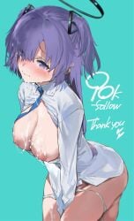absurdres aqua_background black_halo blue_archive blue_necktie blush breasts breasts_out cleavage closed_mouth collared_shirt commentary_request crying crying_with_eyes_open cum cum_on_body cum_on_breasts cum_string facial female halo highres kurotsuki_machi large_breasts long_hair milestone_celebration necktie nipples panties panty_pull purple_eyes purple_hair shirt solo tears two_side_up underwear white_panties white_shirt yuuka_(blue_archive)