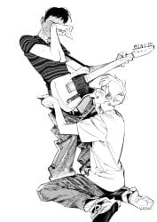 atie1225 blur_(band) clothed convenient_censoring damon_albarn embarrassed gay gay_male graham_coxon guitar guitarist male_only real_person yaoi young young_male