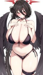 :o absurdres bare_shoulders bikini black_bikini black_choker black_hair black_wings blue_archive blush breasts choker commentary_request cowboy_shot feathered_wings female flying_sweatdrops front-tie_bikini_top front-tie_top furrowed_brow hair_between_eyes hair_bun halo hands_on_own_chest hasumi_(blue_archive) hasumi_(swimsuit)_(blue_archive) highleg highleg_bikini highres huge_breasts imoyama_01 legs_together long_hair long_hair_between_eyes looking_at_viewer low_wings mole mole_under_eye navel official_alternate_costume official_alternate_hairstyle oversized_wings parted_lips pendant_choker red_eyes red_halo side-tie_bikini_bottom simple_background single_side_bun skindentation solo standing sweat swimsuit thigh_strap very_long_hair white_background wings