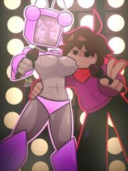 1boy 1boy1girl 1girls exposed_pussy lights mariah_arts microphone robot robot_girl sam_(mariah_arts) screen_face stage stage_lights sucking_nipples tv_head yellolight ziluslules