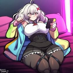 1girls ahoge ai_generated ass ass_bigger_than_head bedroom big_ass big_breasts big_butt blackwhiplash_(imitation) boots breasts busty_female caderas_para_procrear clothed curvy_hips erispheria female female_focus goddess hourglass_figured_female legs_together looking_at_viewer looking_pleasured phone red_eyes sitting_on_bed smile smiling suggestive_look thick_ass thick_hips thick_legs thick_thighs thighhighs threesome twitch virtual_youtuber voluptuous voluptuous_female vtuber white_hair wide_hips x_hair_ornament youtube youtube_hispanic