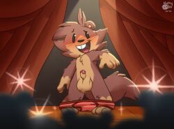 anthro assisted_exposure balls big_balls big_balls_small_penis blush bo_(nutty_bo) briefs briefs_down brown_body buckteeth camera_flash clothed clothing crowd disproportionate_genitalia embarrassed erection exhibitionism fur genitals group hair humanoid_genitalia humanoid_penis humiliation looking_at_viewer male mammal nude nutty_bo open_mouth pantsing partially_clothed pattern_briefs penis public rodent sciurid small_penis smile squirrel stage tail teeth tree_squirrel underwear