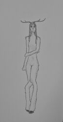 absurd_res aethelia_molothy anthro bird_at_night breasts deer digitigrade embarrassed empty_eyes exposed exposed_breasts female fur genitals hair hi_res holding_arm hooves horn humanoid long_hair looking_at_viewer mammal midriff monochrome sad solo standing vulva