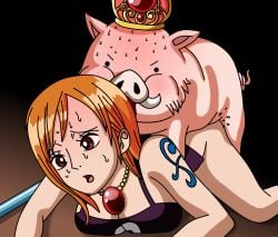 ahe_gao animal bottomless chakoozie female female_focus game_over nami no_panties on_all_fours one_piece one_piece:_pirate_warriors overwhelmed pantless pig porc small_dom_big_sub suina sus_(pig) sweat sweating top-down_bottom-up zoophilia