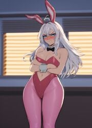 ahoge ai_generated alisa_mikhailovna_kujou angry blue_eyes blush bunny_girl cleavage covering covering_body covering_breasts dusk embarrassed fake_animal_ears fake_bunny_ears female full_body_shot hentai in_classroom long_hair medium_breasts navel nervous pink_bunnysuit pink_stockings pixel_dream_gen reverse_bunnysuit roshidere sexy sexy_body steam sunset sweat tokidoki_bosotto_russian_de_dereru_tonari_no_alya-san uncensored white_hair wide_hips