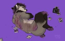 ambiguous_anthro ambiguous_gender anthro black_body black_fur blood blood_from_wound bodily_fluids bondage camera canid canine colored_blood ear_piercing ear_ring facial_piercing fox fur gauged_ear gore grey_body grey_fur hand_on_shoulder hi_res impact_play looking_at_viewer looking_back lying mammal nervous nose_piercing nose_ring nude_ambiguous nude_anthro on_side pawpads paws photo pictures piercing polaroid_photo purple_background purple_blood purple_body purple_eyes purple_fur purple_pawpads questionable_consent ring_piercing sad scratch scratches simple_background solo unusual_blood unusual_bodily_fluids upset vyvs whip_mark wounded