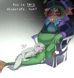 2boys anglerfish anglerfish_humanoid big_belly bigger_dom blowjob chair dakollo deepthroat dominant dominant_anthro dominant_male eyes_in_mouth eyes_rolling_back eyeshadow fish gay gay_blowjob green_body grey_skin hugging_partner hugging_tail humiliation humping intimidation joyville mascot_horror mayor player_(joyville) purple_clothing red_eyes red_fins sitting_on_floor size_difference sloppy_blowjob sloppy_deepthroat spit_trail submissive submissive_male tidey_(joyville) tongue tongue_out_blowjob tophat touching_penis touching_self