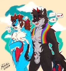 beach_towel canid canine canis casual_exposure casual_nudity compliment covering covering_crotch covering_self dantalos demon dialogue duo hand_holding hi_res hybrid male mammal mrdarknesswolf mrdarknesswolf_(character) nipples speech_bubble towel wet wet_body wolf