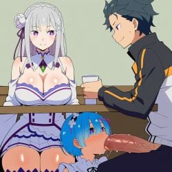 absurdres ahe_gao ai_generated best_quality black_hair blowjob blue_hair blush breasts_out brown_eyes cock cum_drip cum_on_face cum_on_tongue dark_background domination_subtle drool elf_ears emilia_(re:zero) erect_penis explicit fellatio flushed_face glossy_cum glossy_skin group_sex highres huge_breasts huge_cock large_breasts maid_outfit masterpiece natsuki_subaru netorare nipples nsfw ntr oblivious oni_horn oral penis penis_in_mouth pink_penis pre-cum puffy_nipples purple_eyes re:zero_kara_hajimeru_isekai_seikatsu rem_(re:zero) rim_lighting saliva saliva_trail shiny_skin straight submissive sucking sweat tablecloth tongue_out topless torn_clothes under_the_table veiny_penis white_hair