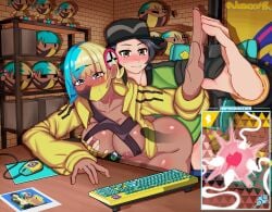 1boy 1boy1girl 1girl1boy 1girls background big_ass big_breasts big_penis bite_mark blue_eyes blue_hair blush blushed_face canari_(pokemon) canary_(pokemon) cum cum_inside dark-skinned_female dark_skin desk drooling enjoying enjoyment facemask hickey_marks highres impregnation josexo4k keyboard kyouya_(pokemon) looking_at_viewer mouse paxton_(pokemon) penetration pleasure_face pokemon pokemon_legends:_z-a thick_thighs twintails vaginal_penetration xray_view yellow_hair yellow_jacket