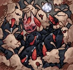 annoyed antennae_(anatomy) anthro areola black_areola black_body black_vulva blush blush_lines bodily_fluids breast_play breasts closed_eyes drooling erection female feral flaccid flea_(hollow_knight:_silksong) fluffy flushed_face genital_fluids genitals group group_sex handjob hi_res hollow_knight_(franchise) hornet_(hollow_knight) imminent_sex leg_humping looking_pleasured male male/female orgy penile penis penis_on_face precum precum_on_chest precum_on_face precum_on_leg precum_on_penis saliva scaliescum sex smile sweat tapering_penis team_cherry titjob vulva