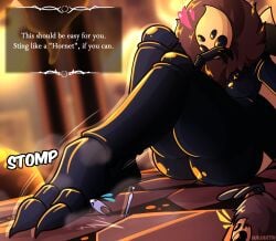 bee black_body feet feet_focus giantess hollow_knight hollow_knight:_silksong honey hornet_(hollow_knight) insect_girl insects macro macro_female macrophilia micro nauartn paw_pose paws queen_vespa_(hollow_knight) silksong stomp wasp