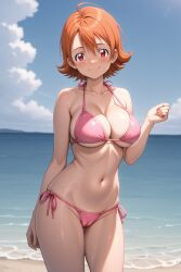 sora_takenouchi digimon digimon_adventure digimon_adventure_tri. rena_aikawa_(pixiv_user) ai_generated stable_diffusion pixiv 1girl breasts swimsuit bikini solo outdoors navel smile side-tie_bikini_bottom short_hair red_eyes beach looking_at_viewer day large_breasts cameltoe ocean sky halterneck pink_bikini collarbone cleavage orange_hair blush blue_sky cloud closed_mouth stomach cowboy_shot standing string_bikini ahoge hand_up wet horizon hair_between_eyes water underboob bare_shoulders thighs bare_arms groin arm_behind_back arm_at_side skindentation blurry sweat blurry_background brown_hair