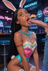 1boy ai_generated animal_ears armlet artist_name bar_(place) bar_stool bare_shoulders black_hair blush breasts brown_eyes cleavage cum cum_in_mouth cum_on_body cum_on_breasts cum_on_hair cum_on_tongue dark-skinned_female dark_skin denim detached_collar english_text erection eugenericai facial fake_animal_ears fake_tail fellatio female fishnet_thighhighs fishnets forehead highleg highleg_leotard indoors jeans large_penis leotard licking licking_penis lips long_hair looking_at_viewer medium_breasts neon_lights nose open_mouth oral pants penis pink_leotard playboy_bunny pocahontas pocahontas_(character) rabbit_ears rabbit_tail realistic sitting small_breasts solo_focus stool straight strapless strapless_leotard tail thighhighs tongue tongue_out uncensored veins veiny_penis
