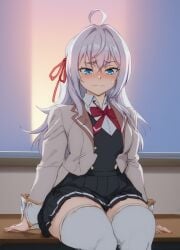 ahoge ai_generated alisa_mikhailovna_kujou black_skirt blue_eyes blush bowtie dusk eye_level female full_body_shot hair_ribbon hentai in_classroom long_hair looking_at_floor looking_down medium_breasts nervous open_jacket pixel_dream_gen pleated_skirt red_ribbon roshidere school_uniform seductive sexy sexy_body sitting_on_desk sunset sweating tokidoki_bosotto_russian_de_dereru_tonari_no_alya-san uncensored white_hair white_thighhighs wide_hips zettai_ryouiki
