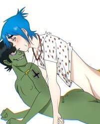 2d_(gorillaz) 2doc ace.tpz blue_hair gay gay_sex gorillaz green_skin murdoc murdoc_niccals nonbinary