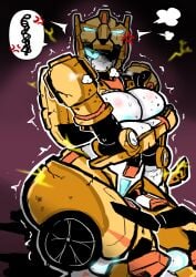 angry annoyed arm_on_breast battle_damage big_ass big_breasts catgirl cheetah_girl cheetah_tail covering_breasts huge_thighs mecha mecha_focus mecha_girl metal_cardbot mralee pinup robot robot_girl squatting sweat tachi_(metal_cardbot) tachy_(metal_cardbot) tagme thick_thighs