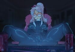 absurdres blue_eyes bodysuit breasts brielle_mirabelle collar computer darkhatboy dazed drone dronification drool empty_eyes female_only femsub glasses grey_hair hypnotic_drink keyboard latex legs_up masturbation nipples original pussy_juice sitting spread_legs white_hair