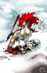 1girls 3boys action_pose big_breasts bikini_armor death huge_breasts monster ogre omac red_hair red_sonja