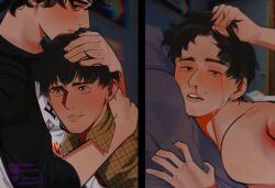 anal anal_sex bed blush clothed clothes clothing crying_with_eyes_open currynim earrings face_closeup gay grabbing_another's_hair grabbing_hair hair_grab hand_on_hair hand_on_head hug hugging implied_anal implied_penetration male male_focus male_only meme mike_wheeler nose_bleed penetration pillow pillow_grab pulling_hair sometimes_like_this_also_like_that stranger_things unseen_penetration will_byers yaoi