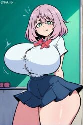 ai_generated blue_eyes female flesh_fang huge_breasts school_uniform schoolgirl short_hair silver_hair tejina_senpai tejina_senpai_(character) thick_thighs