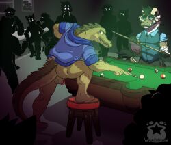 alligator alligatorid ambiguous_gender anthro ass background_character backsack ball balls bar bar_stool billiard_ball billiard_table blue_clothing blush bottomless bottomwear bovid bovine charlie_(woogigooie) clothed clothing concentrating crocodilian cue_stick dragon ezekiel_(woogigooie) face_blush flaccid furniture genitals group head_spines hybrid long_tail male mammal mythological_creature mythological_scalie mythology pants penis reptile scales scalie shirt snout stool table tail tail_spines topwear watermark woogigooie