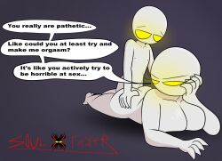 annoyed annoyed_female bad_sex female grey_body grey_skin insult insulting_partner male sex soultaker_(artist) tagme unknown_species yellow_eyes