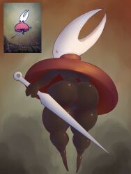 3:4 anthro arthropod ass bell_crd big_ass big_butt black_body cloak cloak_only clothing featureless_feet feet female floating genitals hi_res holding_object holding_weapon hollow_knight_(franchise) hornet_(hollow_knight) insects rear_view red_cloak red_clothing solo team_cherry thick_thighs vulva weapon white_body wide_hips
