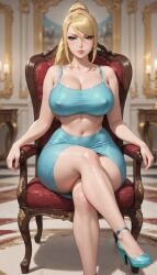1girl ai_generated bangs belly_button blonde_hair blue_eyes blue_skirt cleavage cyan_clothing female female_only hair_strand heels large_breasts legs_crossed luxury metroid midriff nintendo nipple_outline ponytail rgomez007 samus_aran seductive_smile side_swept_bangs sitting sitting_cross_legged sitting_on_chair solo solo_female stable_diffusion thick_thighs throne_room wide_hips