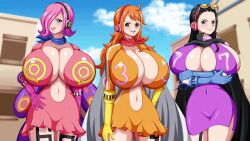 big_breasts black_hair eyewear_on_head female female_only germa_66 germa_66_(cosplay) k-trance koktter nami nico_robin one_piece orange_hair pink_hair suit vinsmoke_reiju