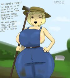 1girls blonde_hair blonde_female overalls overalls_only voluptuous barely_contained_breasts hillbilly 2d 2d_(artwork) 50one hollie_all_american areola_slip child_bearing_hips solo_female