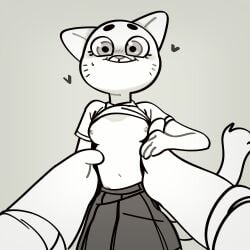 1:1 bodily_fluids bottomwear breasts cartoon_network clothing domestic_cat felid feline felis female first_person_view heart hi_res junyois mammal nicole_watterson nipples richard_watterson shirt skirt small_breasts smile sweat sweatdrop the_amazing_world_of_gumball topwear