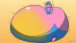 16:9 2_horns 3_toes anthro belly big_belly bladder_bulge bladder_inflation blue_body blue_eyes blush blush_lines bodily_fluids closed_eyes feet female generation_8_pokemon genital_fluids gradient_background hand_on_belly hand_on_own_belly heart_(marking) horn huge_belly hyper hyper_belly hyper_omorashi immobile indeedee markings nintendo omorashi pink_body pinkoshawott pokemon pokemon_(species) simple_background teal_eyes toes urine watersports widescreen yellow_body yellow_horn