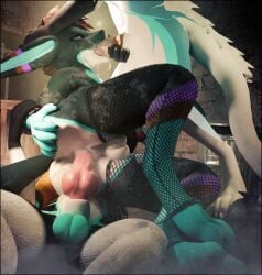 3d_(artwork) absurd_res accessory anal anal_sex animal_genitalia animal_penis anthro ass backsack balls big_penis black_border bodily_fluids border clothing cock_ring cum cum_in_ass cum_in_mouth cum_inside cum_on_body cum_on_face degradation degradation_kink digital_media_(artwork) dirty embarrassed erection fellatio fishnet_clothing fishnet_legwear fur fur_markings genital_fluids genitals group hair hi_res holding_penis humiliation jewelry knot legwear lill_esp lill_espion male male/male male_penetrated male_penetrating male_penetrating_male markings messy multicolored_body multicolored_fur nude oral oral_penetration penetration penile penile_penetration penis penis_accessory penis_in_ass penis_jewelry public_use rexouium seductive sex simple_background spitroast submissive tail tongue tongue_out trio white_body white_fur