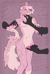 absurd_res andromorph anthro big_clitoris bodily_fluids canid canine clitoris degradation disembodied_hand dripping dripping_vulva drooling embarrassed facial_piercing fur genital_fluids genitals hair hi_res holding_arm intersex mammal mastectomy_scar nose_piercing piercing pillow_(slumberpup) pink_body questionable_consent restrained saliva scar slumberpup slur solo standing struggling tail text throat_grab trans_(lore) trans_man_(lore) visibly_trans vulva
