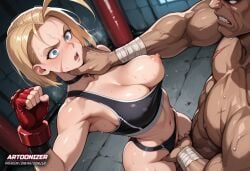 1boy 1girls action_pose ai_generated angry angry_face artoonizer athletic_female attack big_ass big_breasts blonde_hair blue_eyes breasts cammy_white cammy_white_(street_fighter_6) capcom choker female fingering fingerless_gloves fists fists_clenched gauntlets gym gym_clothes gym_uniform handwear huge_breasts legs_apart legs_spread light-skinned_female light-skinned_male light_skin male masturbation muscular muscular_arms muscular_female muscular_male narrow_waist navel neck_grab nipples one_breast_out open_mouth panties_aside patreon patreon_username pubic_hair pussy sagat scar scar_on_cheek scar_on_face sex shocked shocked_expression short_hair sports_bra sportswear standing street_fighter street_fighter_6 sweat thick_thighs thighs wet_body