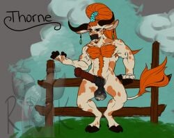 animal_genitalia animal_humanoid balls big_penis bovid bovine cattle digital_media_(artwork) druid erection flared_penis flat_colors fur genitals hair hooves horn humanoid looking_at_viewer magic_user male mammal muscular nude penis ryukak saggy_balls sheath simple_background solo tail thorne_(ryukak) tribal_spellcaster