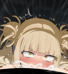 1boy 1girls balls_deep big_breasts blonde_hair blowjob blush boku_no_hero_academia censored censored_penis clothed cum cum_inside cumshot fellatio heart heart-shaped_pupils himiko_toga leaking_cum looking_at_viewer mizumizuni open_mouth penis penis_in_mouth precum saliva smile sweat tears tied_hair trembling yellow_eyes