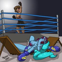1boy 1girls anthro blood blue_boxing_gloves blue_gloves boxing boxing_gloves boxing_ring broken_table brown_boxing_gloves brown_gloves bruises dark_brown_boxing_gloves dark_brown_gloves female female_anthro furry gloves human knocked_out male male_human male_human/female_anthro mixed_boxing mlp_oc my_little_pony original original_character shorts