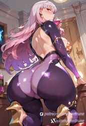 1girls ai_generated ass ass_focus back blush bodysuit breasts curvaceous curvaceous_female curvaceous_figure curvy female female_focus from_behind high_heels holding huge_ass huge_breasts indoors large_breasts lewdrune long_hair looking_back pantylines pink_hair potion presenting presenting_ass presenting_hindquarters presenting_self purple_bodysuit red_eyes solo spotlight thick_thighs thighs tight_clothes voluptuous wide_hips