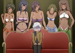 1boy 5girls :d :q afro aisha_belka amazon amazoness arms_behind_back arms_under_breasts bell_cranel big_breasts bikini bikini_top black_hair blush bra breast_size_difference breasts brown_hair cleavage couch crossed_arms dark-skinned_female dark_skin darkmaya dungeon_ni_deai_wo_motomeru_no_wa_machigatteiru_darou_ka earrings eyebrows_visible_through_hair female femblacked femdom flat_chest grin hair_over_eyes hair_over_one_eye hand_on_hip hand_on_own_hip harem harem_girl heart heart-shaped_pupils hi_res high_resolution highres hoop_earrings hourglass_figure huge_breasts imminent_gangbang imminent_group_sex imminent_rape imminent_sex interracial ishtar_familia ishtar_familia_amazons jewelry king_of_spades large_breasts larger_female leisha_(danmachi) lena_tally licking_lips light-skinned_male light_skin long_hair long_skirt looking_at_another looking_at_viewer male medium_breasts meme midriff multiple_females multiple_girls naughty_face navel necklace nervous on_couch open_mouth pale-skinned_male pale_skin panties pettanko photo-referenced piper_perri_surrounded piper_perri_surrounded_(meme) png purple_eyes red_eyes revealing_clothes reverse_gangbang seductive seductive_smile sitting skirt small_breasts smaller_male smile standing symbol-shaped_pupils tongue tongue_out trembling underboob unnamed_character unnamed_characters white_hair white_hair_male you_gonna_get_raped
