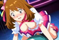 ai_generated blouse bows breasts brown_hair cowgirl_position green_eyes haruka_(pokemon) idol may_(pokemon) may_(pokemon_oras) neckline neon_lights nightclub nipples penetration penis pokemon pokemon_oras pov sex sexy sexy_body sexy_cleavage sexy_pose sexy_smile skirt things vaginal_penetration