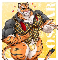 bara furry gay gold_bikini hand_on_chest jv_draws jx_drawings jxdrawings muscular_male simple_background small_penis thick_thighs tiger tiger_tail yaoi