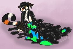 anthro archivist-kayl bassariscus blue_body blue_fur brown_body canid canine canis dingo duo forced fur goo_creature goo_transformation green_body green_fur inflation jayjay_idingo kulza latex liquid_inflation liquid_latex male male/male mammal nude open_mouth oral oral_penetration oral_vore orange_body penetration procyonid ring-tailed_cat slime transformation vore
